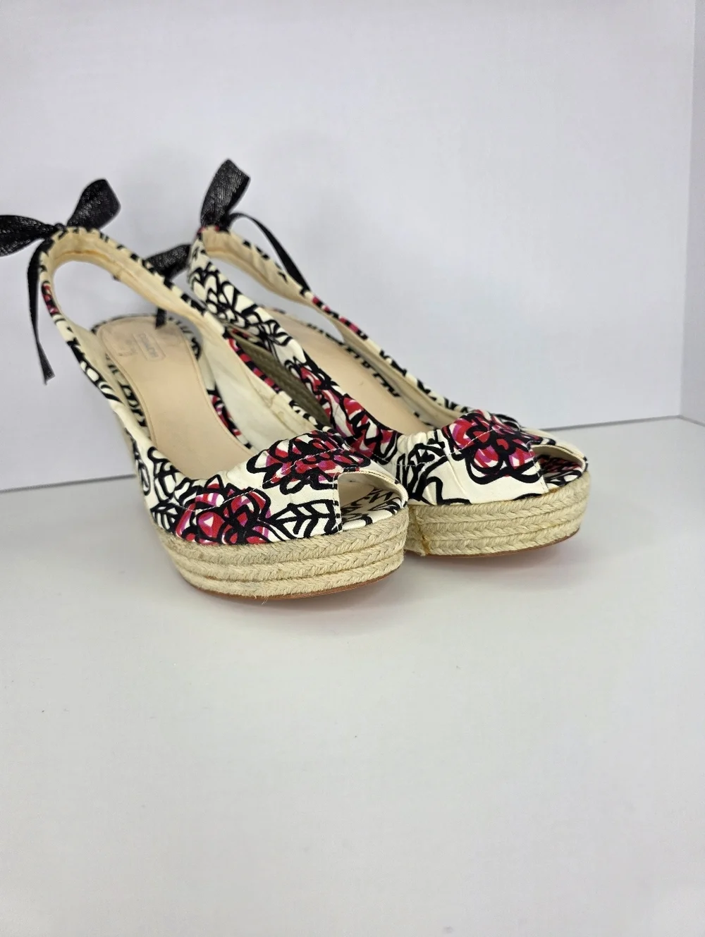 Coach Women's Maritza Wedge Espadrilles Multicolor Floral Bow Tye Back Size 9.5B